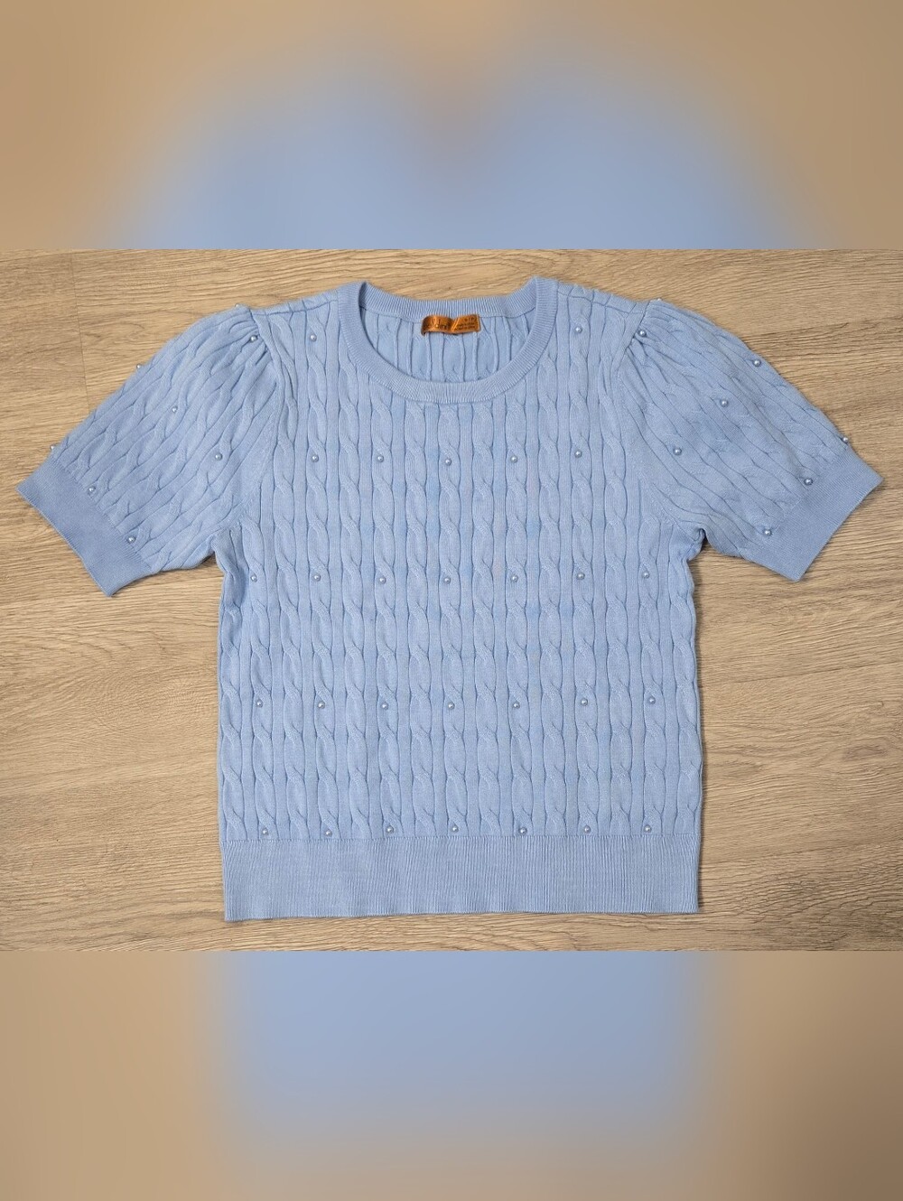 Belldini Baby Blue Cable Knit Short Sleeve Sweater w/ Pearlized Beads - Size PS